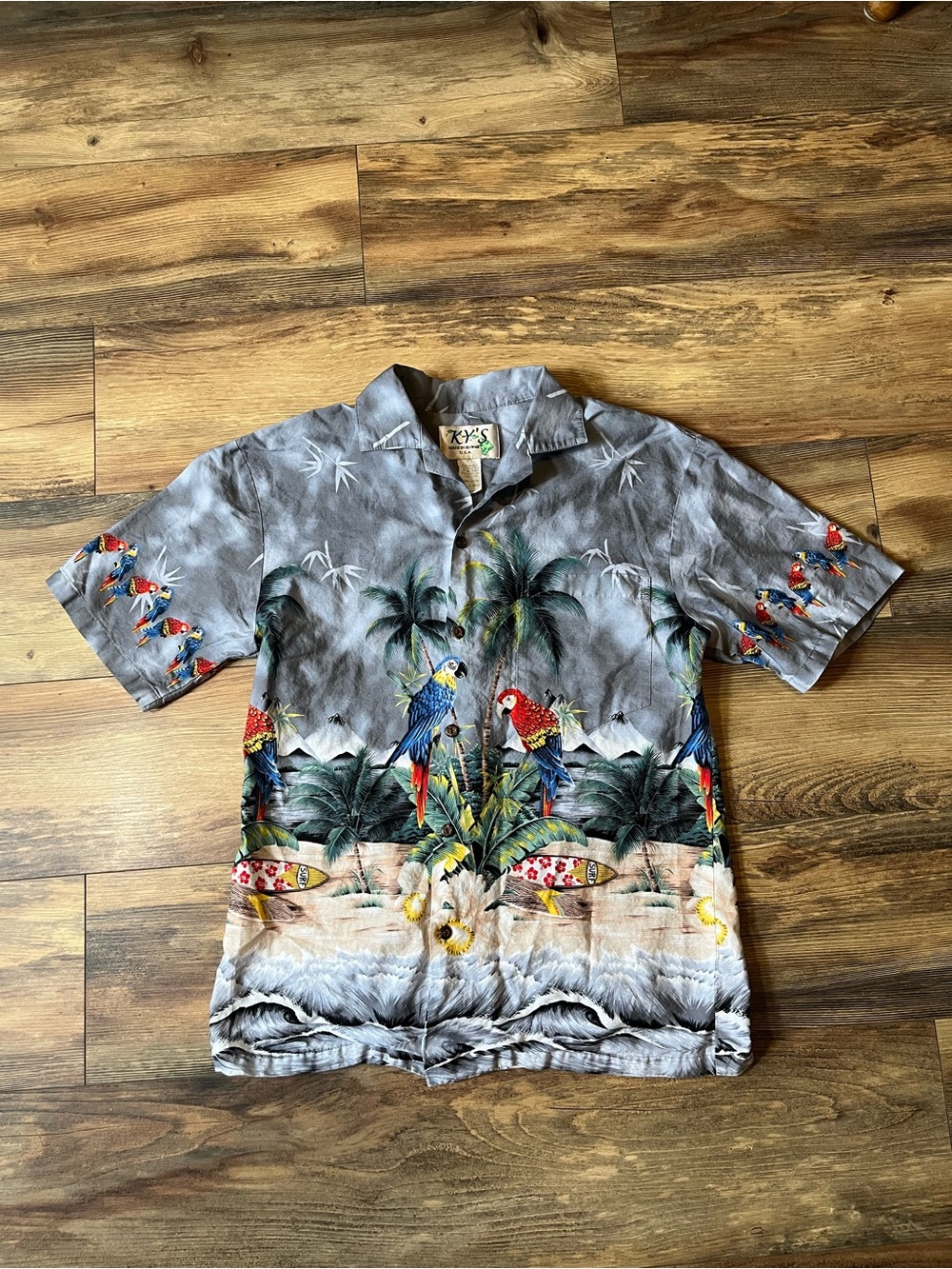 Vtg KY’S Hawaii Aloha Shirt Mens Small Parrot Tropical Beach Hawaiian Made USA